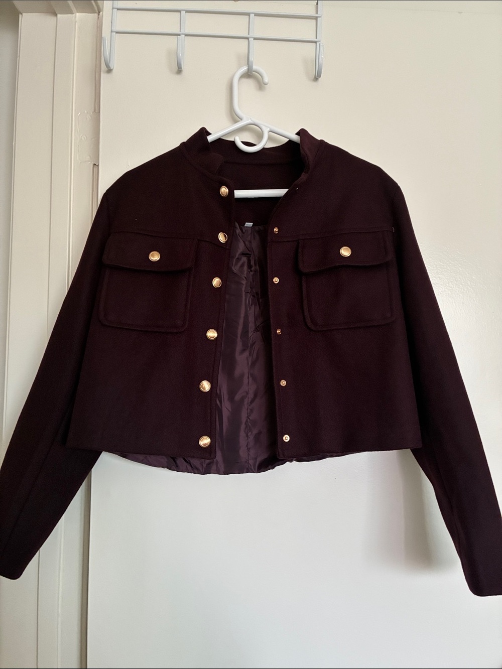 Cropped Gold-Button Wool Jacket - Deep Plum